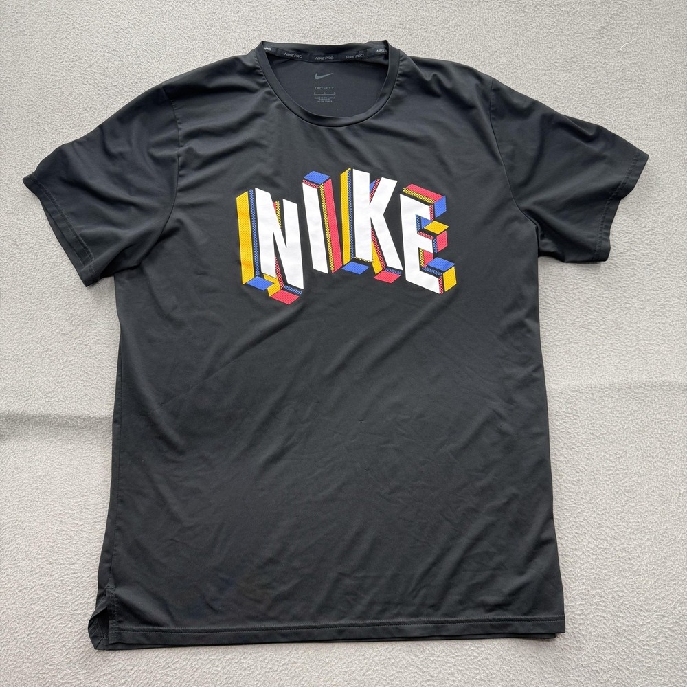 Nike Dri-FIT Shirt Mens Large Black Colorful Block Logo Graphic Tee Tagless